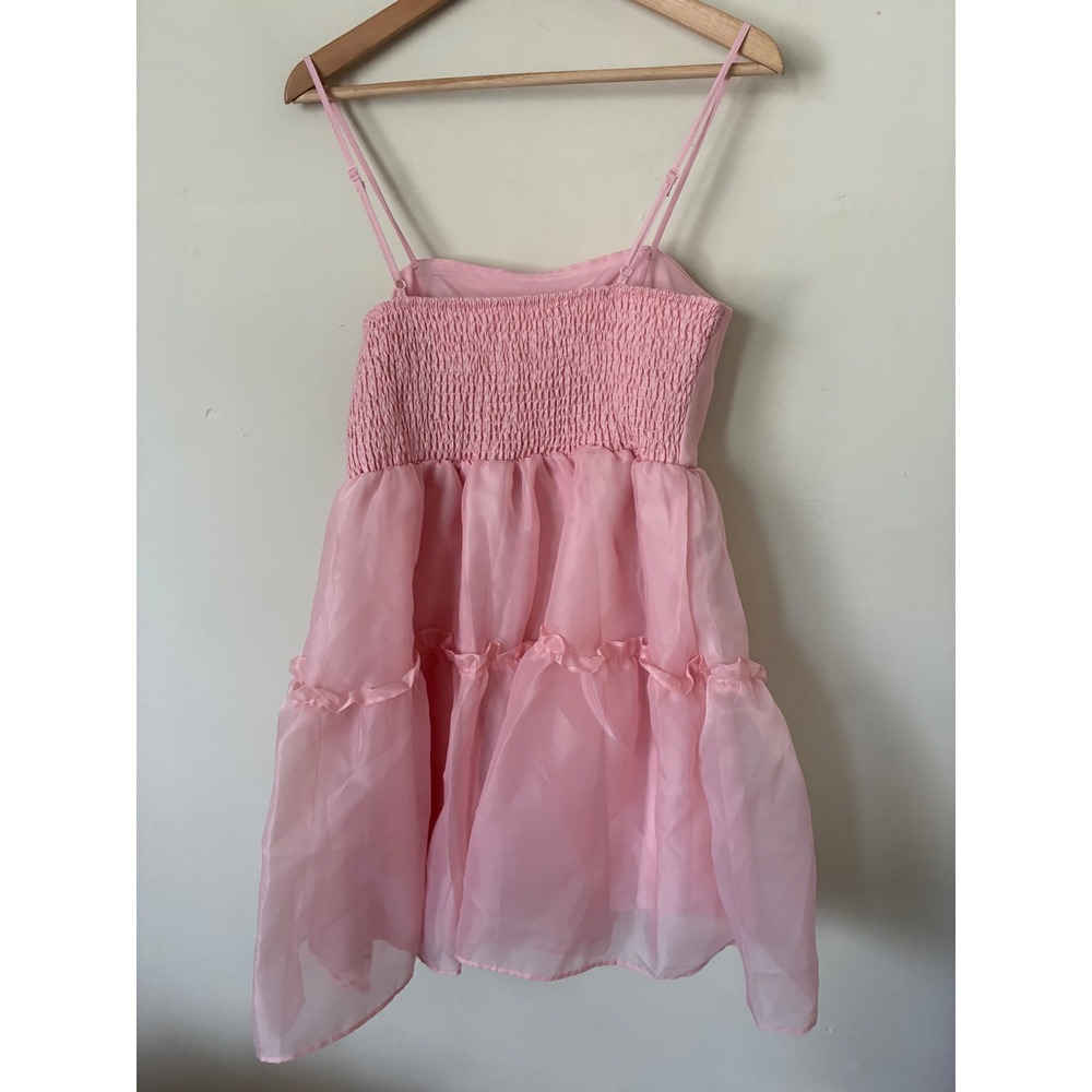 SHEIN MOD Pink Organza Bow Mini Dress Tiered Ruffle Smocked Back NWT L Feminine - Picture 4 of 4